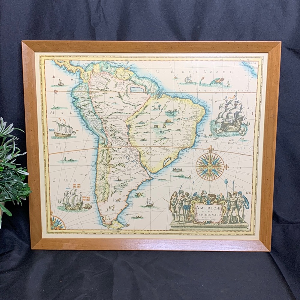 Vintage framed 19th century reproduction South America Map by Henrici Hondy 1629